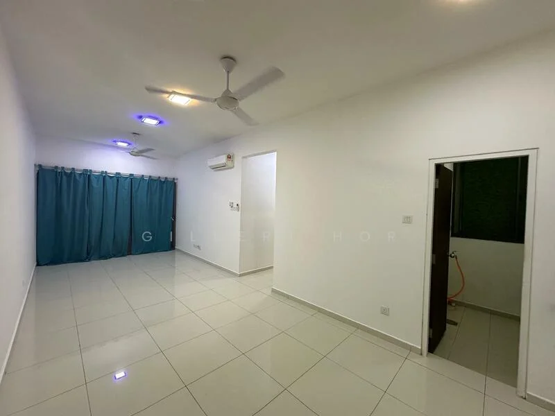 Living features: white painted walls, glossy ceramic tile flooring, ceiling with recessed downlights, 2-blade ceiling fan, curtains in teal, wall-mounted air conditioning unit, door leading to another room, window with green view; style: modern.