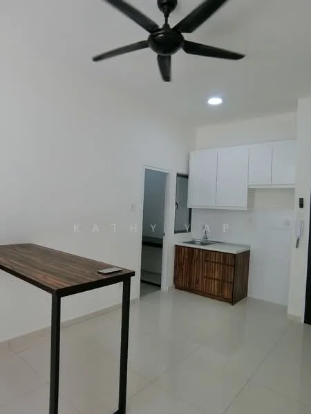 Kitchen features: white painted walls, cream tiled flooring, 5-blade ceiling fan with light, white upper cabinets, wooden lower cabinets, stainless-steel sink, chrome pull-down faucet, countertop with backsplash, recessed downlights, kitchen island with wooden top; style: modern.