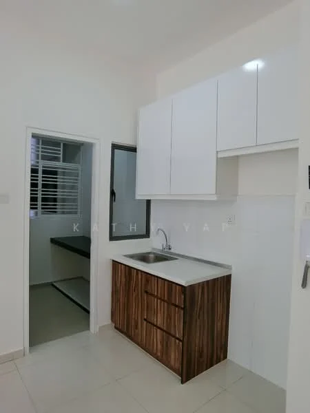 Kitchen features: white upper cabinets, wooden lower cabinets, single-bowl stainless-steel sink, chrome pull-down faucet, white countertop, tile backsplash, ceramic tile flooring, window with grille, wall-mounted shelves, recessed downlights; style: modern.