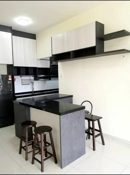 Kitchen features: black granite countertop, light grey upper cabinets, dark grey lower cabinets, open shelving, stainless-steel sink, chrome faucet, black appliances, tile flooring, recessed ceiling lights, three wooden bar stools; style: modern.