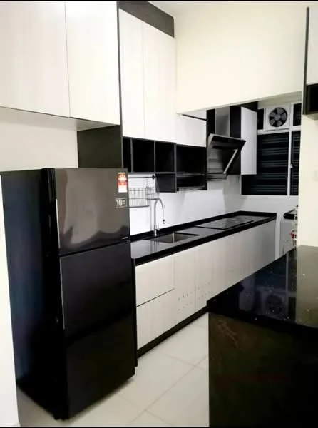 Kitchen features: black and white cabinetry, black granite countertop, stainless-steel sink, chrome pull-down faucet, built-in oven, stainless-steel range hood, black fridge, ceramic tile flooring, wall-mounted split AC, window with blinds; style: modern.