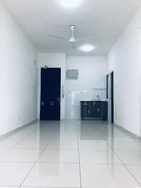 Room features: white painted walls, glossy ceramic tile flooring, ceiling fan, single-basin sink, kitchen cabinetry, wall-mounted air conditioning unit, door to room, window with view to outside; style: modern.
