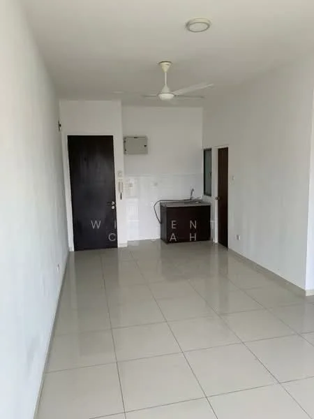 Room features: white painted walls, glossy ceramic tile flooring, ceiling fan, wall-mounted split AC, kitchenette with dark wood cabinetry, single-bowl stainless-steel sink, countertop, door leading to another room, door leading to bathroom, recessed lighting; style: modern.