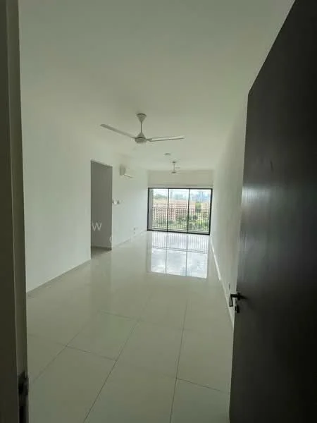 Room features: white painted walls, glossy ceramic tile flooring, 5-blade ceiling fan, wall-mounted split AC, floor-to-ceiling windows, city view, sliding glass door, neutral color scheme; style: modern; view: city.