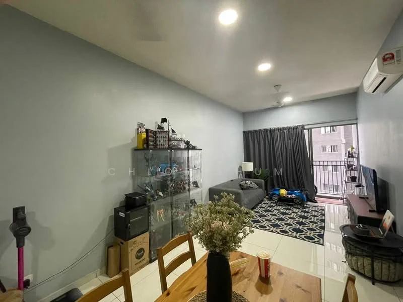 Living features: light blue painted walls, white tiled flooring, sofa in grey, coffee table, TV console, wall-mounted TV, area rug with geometric pattern, 5-blade ceiling fan with light, floor-to-ceiling sliding glass door, curtains in dark grey, decorative items on display cabinet, vacuum cleaner, dining table with wooden finish, flowers in vase; style: modern; view: city.