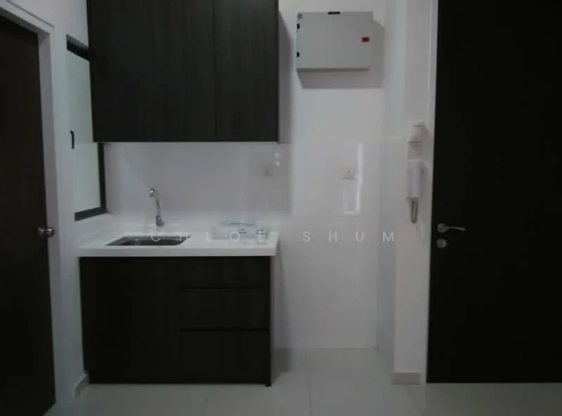 Kitchen features: single-bowl stainless-steel sink, chrome pull-down faucet, white quartz countertop, dark wood cabinetry, under-cabinet lighting, built-in electrical panel, white tiled backsplash, grey tile flooring; style: modern.