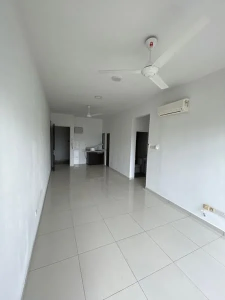 Room features: white painted walls, glossy ceramic tile flooring, ceiling fan, wall-mounted split AC, recessed ceiling lights, open layout, neutral color scheme, no visible furniture; style: modern.