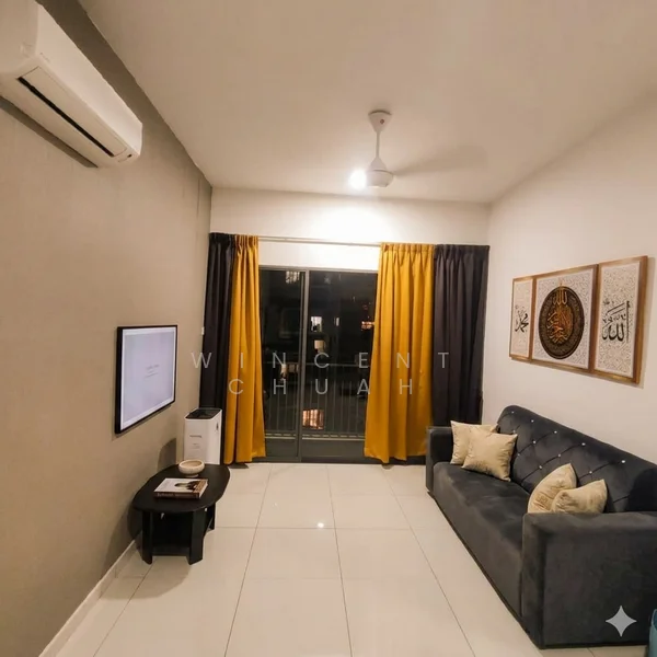Living features: grey fabric sofa, 2 decorative cushions, wall-mounted TV, black coffee table, white ceramic air purifier, floor-to-ceiling sliding glass door, yellow curtains, dark grey curtains, white tiled flooring, wall-mounted split AC, ceiling fan with light, decorative wall art; style: modern; view: city.