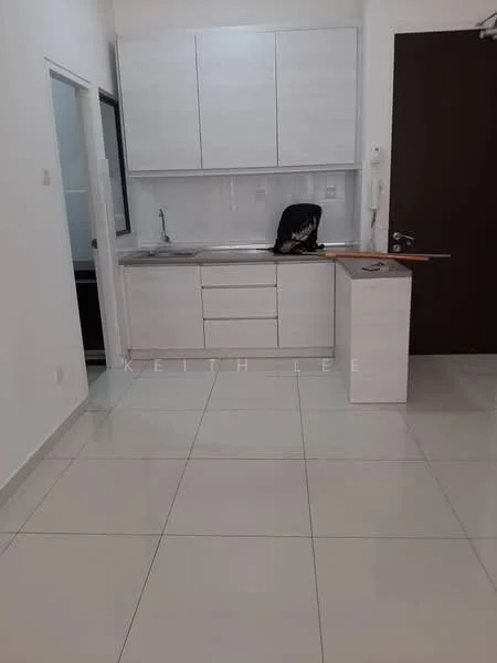Kitchen features: white cabinetry, stainless-steel sink, chrome pull-down faucet, laminate countertop, ceramic tile flooring, wall-mounted cabinets, open shelving, built-in appliances, single-bowl sink, back wall with tile cladding; style: modern.