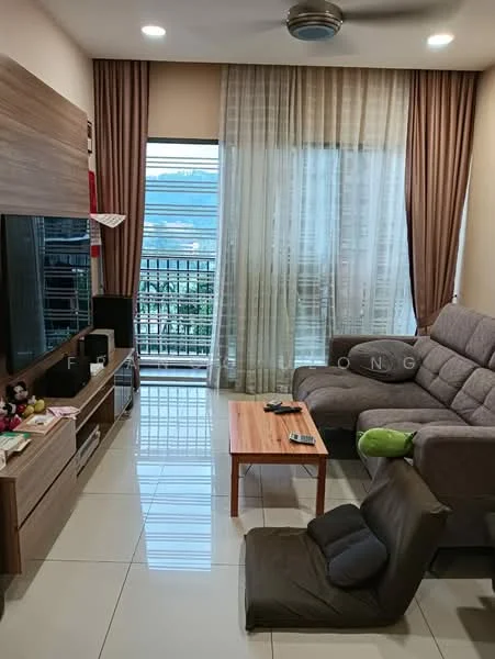 Living features: grey L-shape sectional sofa, wood coffee table, flat-screen TV on wall-mounted unit, light-colored curtains, floor-to-ceiling windows, white painted walls, glossy tile flooring, ceiling fan with light, decorative items on TV unit, green bean bag chair; style: modern; view: city.