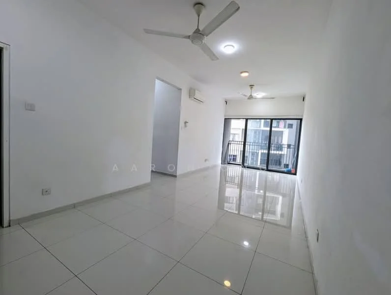 Living features: white painted walls, glossy white tile flooring, 2 ceiling fans, 1 wall-mounted split AC, large sliding glass door, balcony access, recessed ceiling lights; style: modern. Room features: white painted walls, glossy white tile flooring, doorway leading to another room.