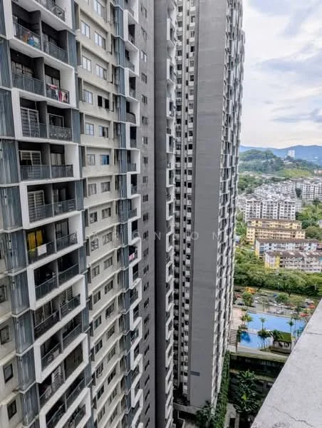 Exterior type: high-rise condominium; features: glass curtain wall, concrete facade, balconies with metal railings, surrounding greenery, view of swimming pool, city skyline in background; style: modern.