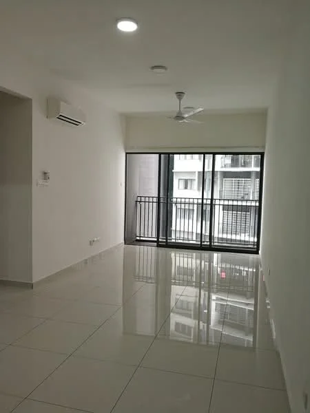 Living features: white painted walls, glossy ceramic tile flooring, 5-blade ceiling fan with light, wall-mounted split AC, floor-to-ceiling sliding glass door, balcony access, recessed downlights, neutral color scheme; style: modern.