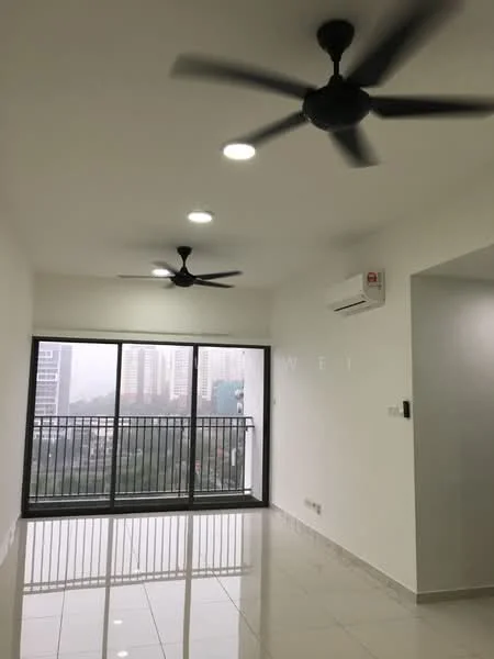 Living features: white painted walls, glossy white tile flooring, 2 ceiling fans, recessed LED downlights, floor-to-ceiling windows, black metal railing, air conditioning unit, view of city skyline; style: modern; view: city.