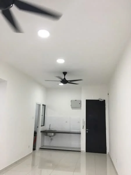 Room features: white painted walls, polished tile flooring, 2 ceiling fans, recessed LED downlights, wall-mounted split AC, black door, kitchen counter with sink, open layout; style: modern.