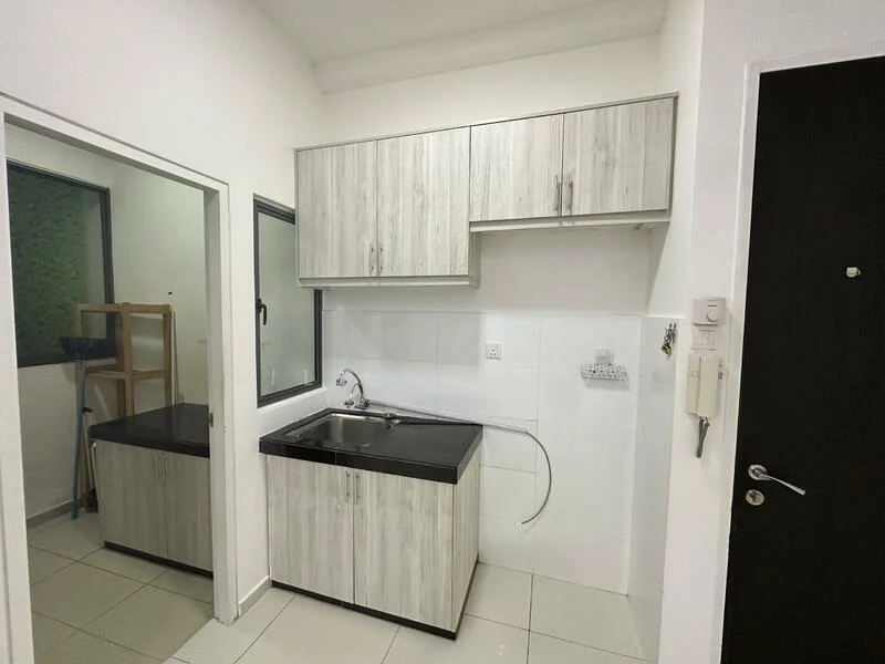 Kitchen features: grey wood cabinetry, black countertop, single-bowl stainless-steel sink, chrome faucet, white tiled backsplash, white tiled walls, ceramic tile flooring, window with black frame, mirror reflecting kitchen area, sweeper stand, light fixture on ceiling; style: modern.