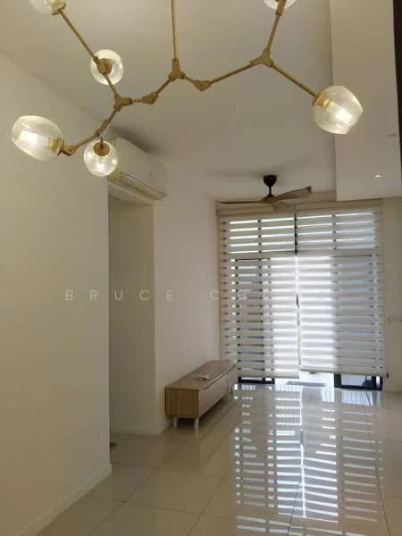 Room features: white painted walls, glossy tile flooring, 5-blade ceiling fan, modern chandelier with glass shades, window with horizontal blinds, wall-mounted air conditioning unit, wooden console table, natural light from window; style: modern.