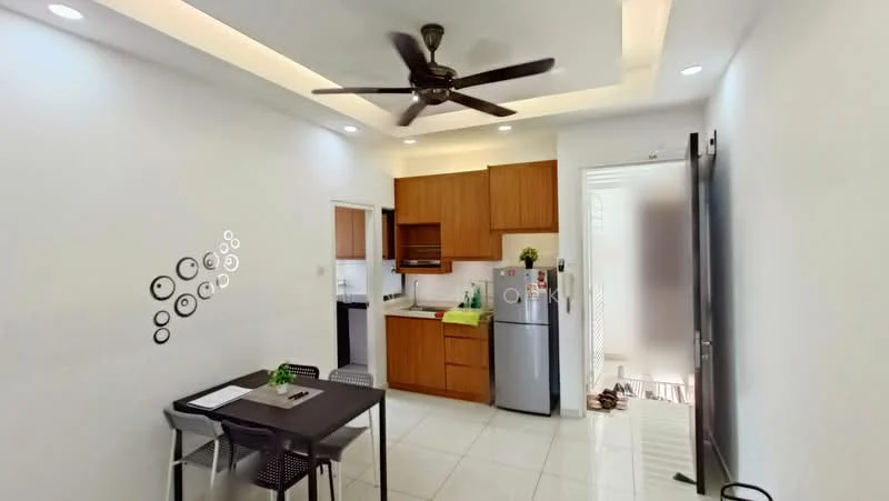 Kitchen features: white painted walls, glossy white ceiling with recessed lighting, ceiling fan, laminate cabinetry in wood finish, stainless-steel fridge, built-in oven, ceramic tile flooring, black dining table with four chairs, countertop with sink, open layout, window with natural light; style: modern.