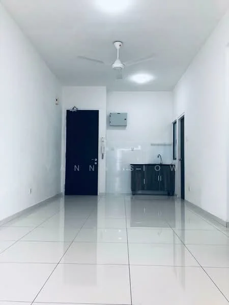 Room features: white painted walls, glossy white tile flooring, ceiling fan, single door, wall-mounted air conditioning unit, kitchenette with sink, countertop, window with glass panel; style: modern.