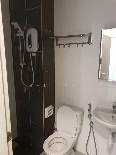 Bathroom features: one-piece toilet, chrome basin mixer faucet, framed mirror, shower with handheld showerhead, wall-mounted water heater, grey tiled walls, white walls, towel rack with multiple hooks; style: modern.