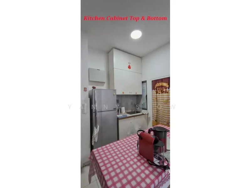 Kitchen features: white cabinetry with upper and lower cabinets, stainless-steel fridge, built-in microwave, grey countertop, red and white checkered tablecloth, ceiling light fixture, tile flooring, wall-mounted kitchen appliances; style: modern.