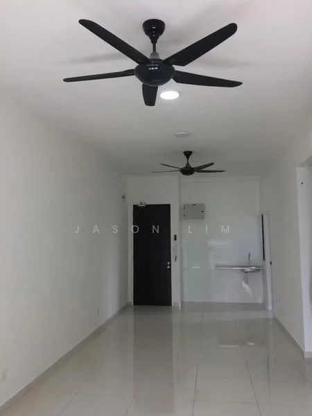 Room features: white painted walls, polished ceramic tile flooring, 2 ceiling fans, recessed downlights, single door, wall-mounted air conditioning unit, open space layout; style: modern.