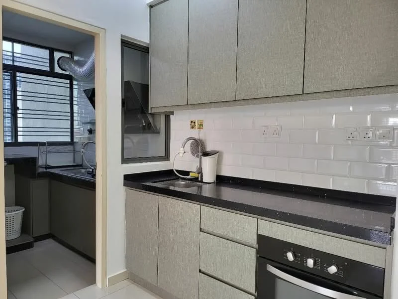 Kitchen features: grey cabinetry, black countertop, white subway tile backsplash, stainless-steel sink, chrome pull-down faucet, built-in oven, stainless-steel dishwasher, recessed downlights, floor-to-ceiling windows, ceramic tile flooring; style: modern. Room features: grey cabinetry, black countertop, white subway tile backsplash, floor-to-ceiling windows.