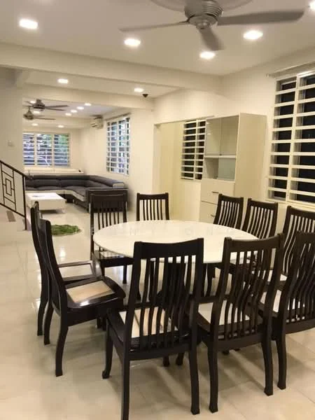 Dining features: round dining table with white top, 8 wooden dining chairs, cream tiled flooring, recessed ceiling lights, 2 ceiling fans, large windows with white grilles, built-in cabinetry, open layout to living area; style: modern. Living features: grey fabric sofa, cream tiled flooring, large windows with white grilles, 2 ceiling fans, recessed ceiling lights, open layout to dining area; style: modern.