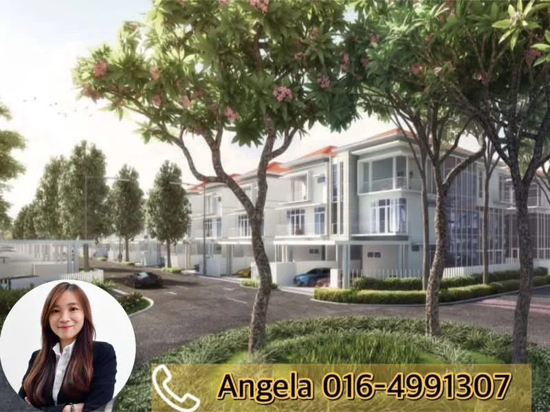 Exterior type: linked terrace house; features: manicured lawn, mature trees, paved driveway, two-storey building, glass windows, balconies on upper floor, white painted facade, red tiled roof; style: modern.