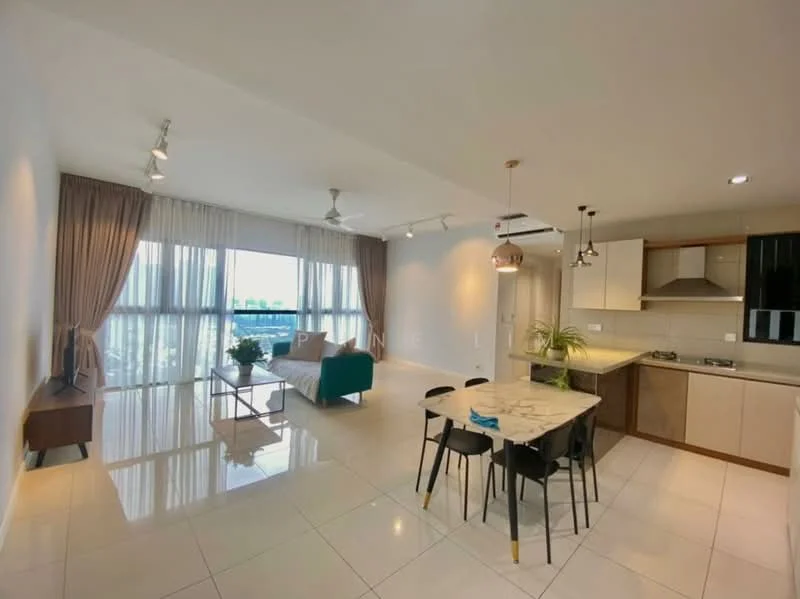 Living features: floor-to-ceiling windows, grey fabric sofa, wooden coffee table, TV console, wall-mounted TV, area rug, curtains, ceiling fan with light, recessed downlights, marble tile flooring, decorative plant, dining table with 4 chairs, kitchen island, kitchen cabinetry, stainless-steel appliances; style: modern; view: city.