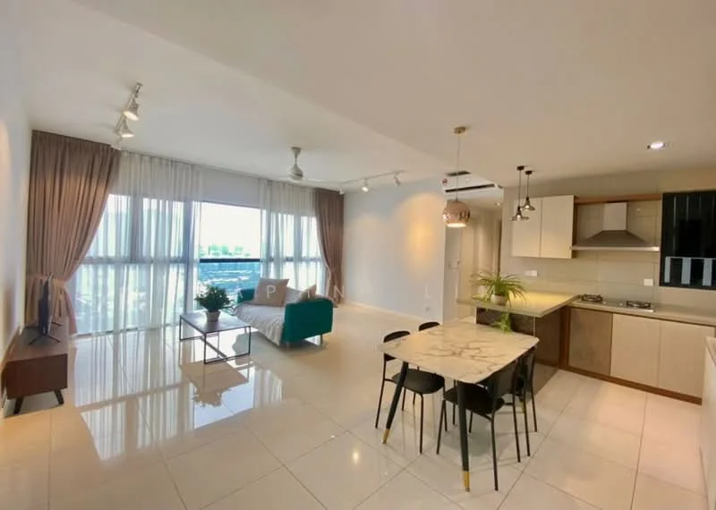Living features: floor-to-ceiling windows, grey curtains, white walls, recessed downlights, 5-blade ceiling fan, light wood cabinetry, marble dining table, black dining chairs, green upholstered sofa, TV console, ceramic tile flooring, indoor plants; style: modern; view: city. Kitchen features: stainless-steel sink, chrome pull-down faucet, built-in oven, gas hob, light wood cabinetry, white countertops; style: modern.