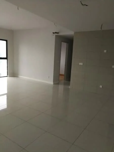Room features: white painted walls, glossy ceramic tile flooring, large windows with black frames, neutral color scheme, recessed ceiling lights, open layout, no visible furniture, smooth ceiling; style: modern.