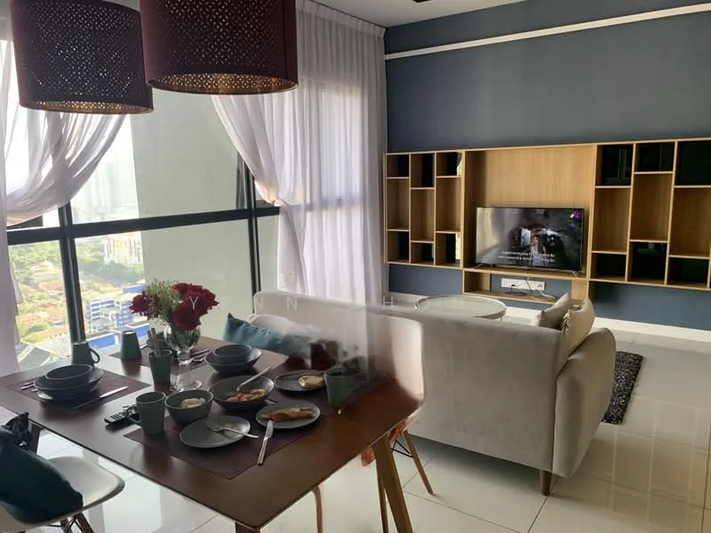 Living features: floor-to-ceiling windows, grey accent wall, light grey fabric sofa, wooden TV console, wall-mounted TV, decorative shelving unit, dining table with chairs, table setting with plates and cutlery, white curtains, pendant lights, area rug, decorative flowers; style: modern; view: city.