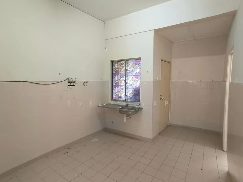 Room features: white tiled walls, light grey tiled flooring, single-bowl stainless-steel sink, stained glass window, plain ceiling, door leading to another room, no visible appliances, no visible furniture; style: minimalist.