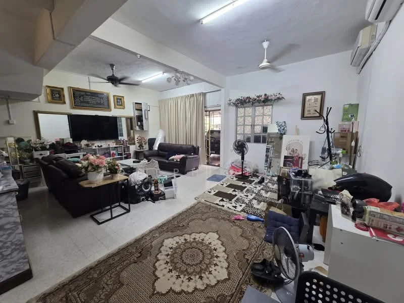 Living features: 3-seater fabric sofa in dark brown, 2-seater fabric sofa in dark brown, coffee table, area rug with intricate pattern, wall-mounted TV, ceiling fan, recessed downlights, decorative wall art, curtains, side table, multiple decorative items, open shelving unit, flooring with tiles, air conditioning unit; style: contemporary.