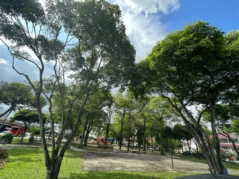 Exterior type: landscape garden; features: mature trees, manicured lawn, playground equipment visible in background, paved walking paths, open grassy area, surrounded by greenery; style: tropical-modern.