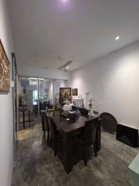 Dining features: dark wooden dining table, black dining chairs, ceiling fan, recessed downlights, grey polished concrete flooring, white painted walls, decorative artwork on walls, glass partition, decorative plant, side table, wall-mounted artwork; style: modern.