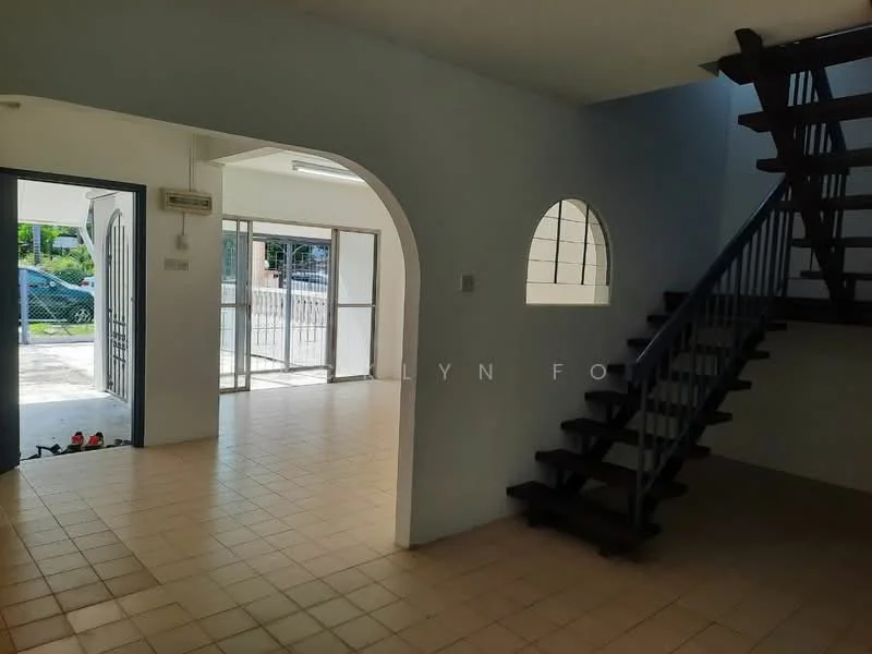 Room features: white painted walls, tile flooring, arched doorways, staircase with wooden steps, large windows, open layout, natural light, view of outdoor space; style: modern; view: garden.