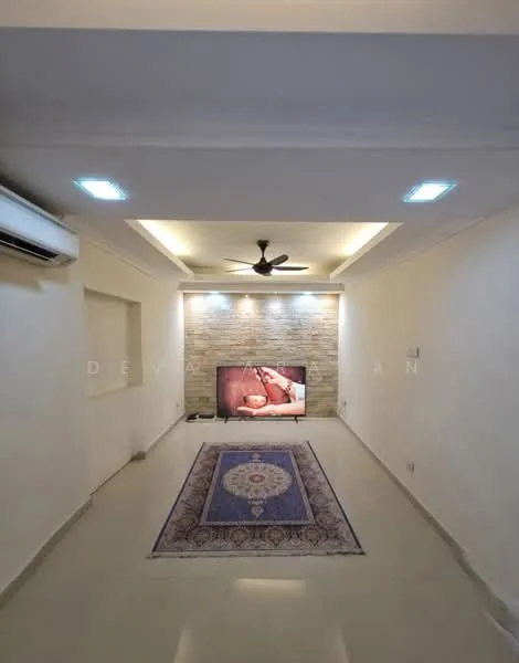 Living features: cream painted walls, recessed ceiling with LED downlights, 5-blade ceiling fan, wall-mounted TV, stone feature wall, marble flooring, area rug with intricate pattern, window with no visible treatment, air conditioning unit; style: modern.