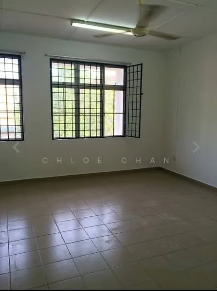 Room features: white painted walls, tile flooring, ceiling fan, large windows with metal grilles, natural light from windows, neutral color scheme, no visible furniture, spacious layout; style: minimalist; view: garden.