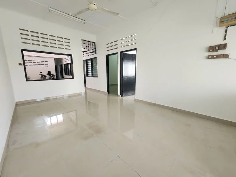 Room features: white painted walls, glossy tile flooring, ceiling fan, large window with black frame, black door, multiple small ventilation windows, open layout, neutral color scheme; style: modern.
