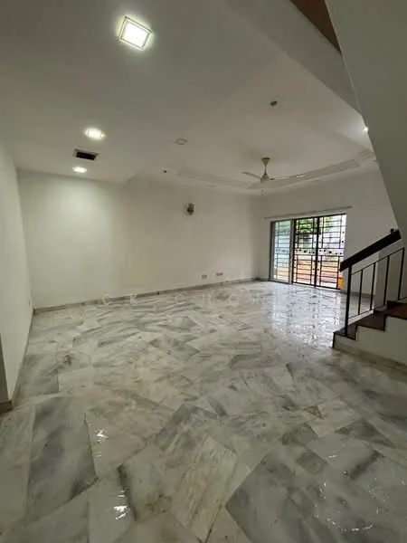 Living features: marble flooring, white painted walls, tray ceiling, recessed downlights, 5-blade ceiling fan, floor-to-ceiling windows, sliding glass door, staircase with metal railing; style: modern; view: garden.