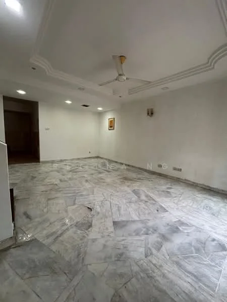 Living features: marble flooring, white painted walls, tray ceiling, ceiling fan, recessed downlights, wall sconce, empty space, no visible furniture.