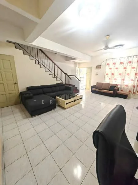 Living features: black fabric sectional sofa, cream coffee table, 2-seater beige sofa, white walls, white ceiling, recessed ceiling lights, floor-to-ceiling windows with sheer curtains, ceramic tile flooring, staircase with metal railing, decorative wall clock; style: modern.