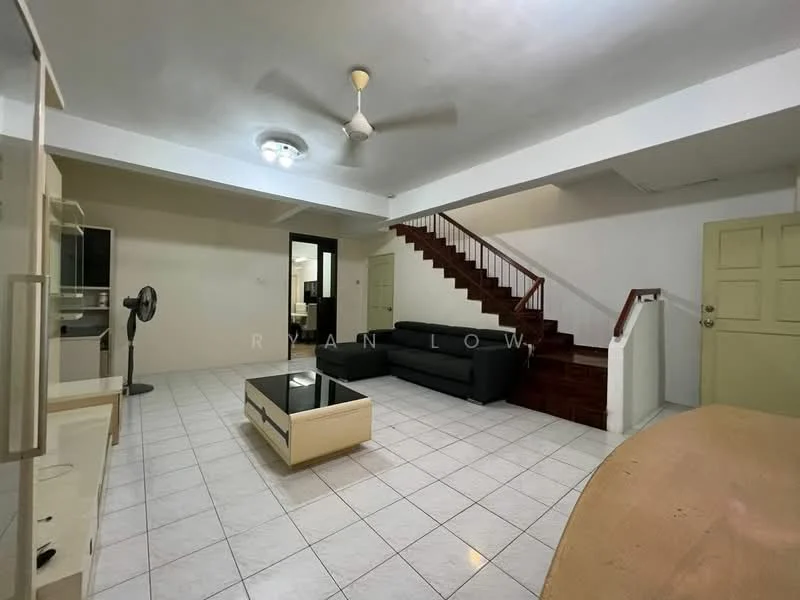 Living features: white painted walls, ceramic tile flooring, 5-blade ceiling fan with light, recessed downlights, black fabric sofa, glass coffee table, wooden staircase, door leading to another room, wall-mounted fan, dining table, open layout; style: modern.