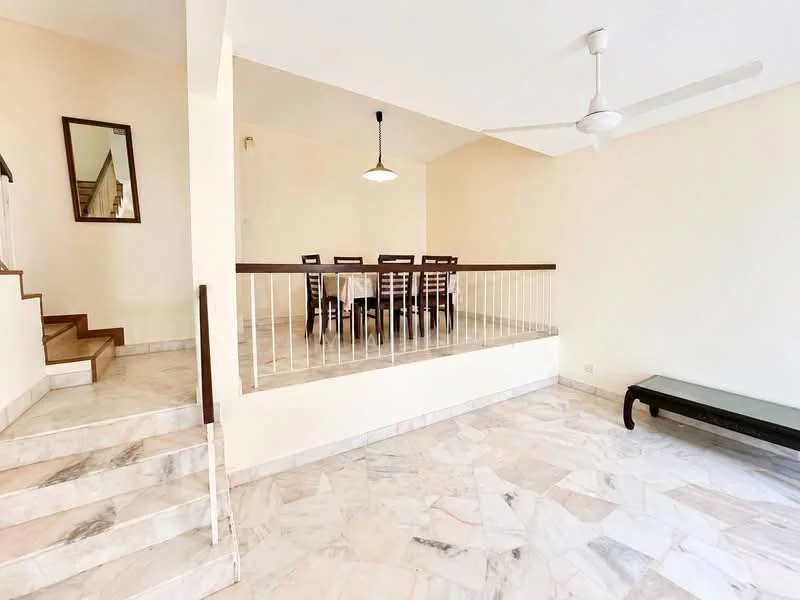 Dining features: marble flooring, white painted walls, ceiling fan, dining table with chairs, pendant light, staircase leading to upper level, mirror on wall, open layout; style: modern. Room features: white painted walls, marble flooring.