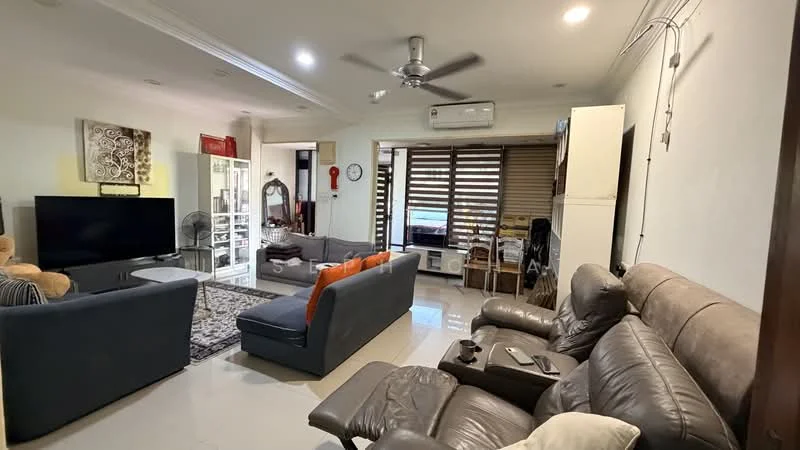 Living features: 3-seater fabric sofa in grey, 2-seater leather sofa, coffee table, TV console, wall-mounted TV, area rug with geometric pattern, ceiling fan, recessed downlights, floor-to-ceiling windows, window blinds, decorative wall art, built-in shelving unit, air conditioning unit; style: modern; view: city.