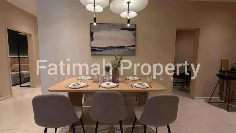 Dining features: wood dining table, 4 upholstered dining chairs in light grey, decorative centerpiece with flowers, table setting with plates and cutlery, pendant lighting fixtures, cream painted walls, tile flooring, framed artwork on wall; style: modern. Room features: cream painted walls, tile flooring.