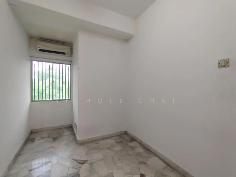 Room features: white painted walls, marble tile flooring, floor-to-ceiling window, window with vertical bars, wall-mounted split AC; view: garden.