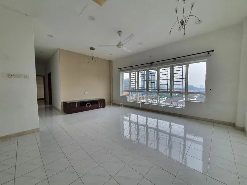 Living features: white painted walls, glossy ceramic tile flooring, ceiling fan, recessed downlights, large windows with horizontal slats, built-in TV console, neutral color scheme, open layout, city view; style: modern; view: city.